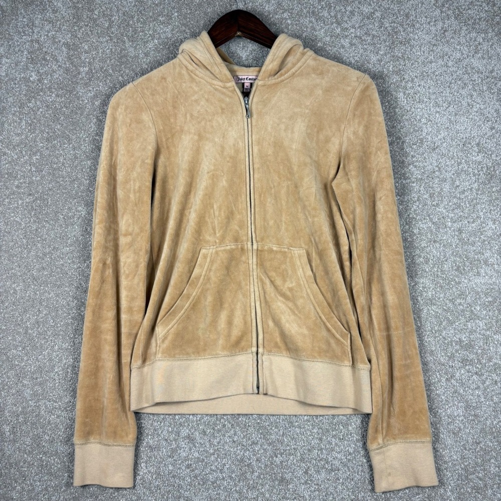 Juicy Couture Velour Zip Up Hoodie Tan Beige Rhinestone Crown Logo Medium